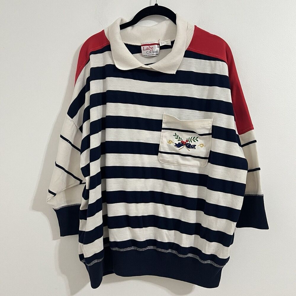 Lady Sport CA Sport Size 2X Ivory Blue Striped Rugby Polo Academia Preppy Logo